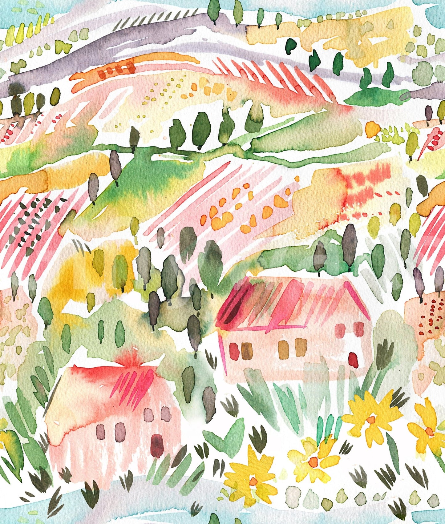 Landscape Tuscany Watercolor Wallpaper