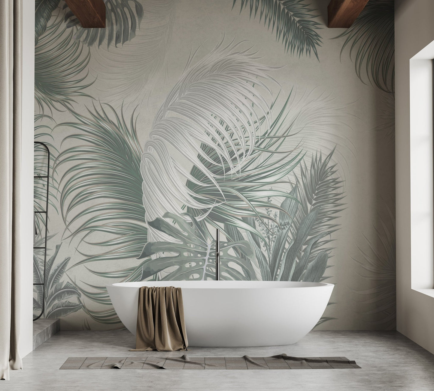 Oversized gray-green palm leaves wall mural