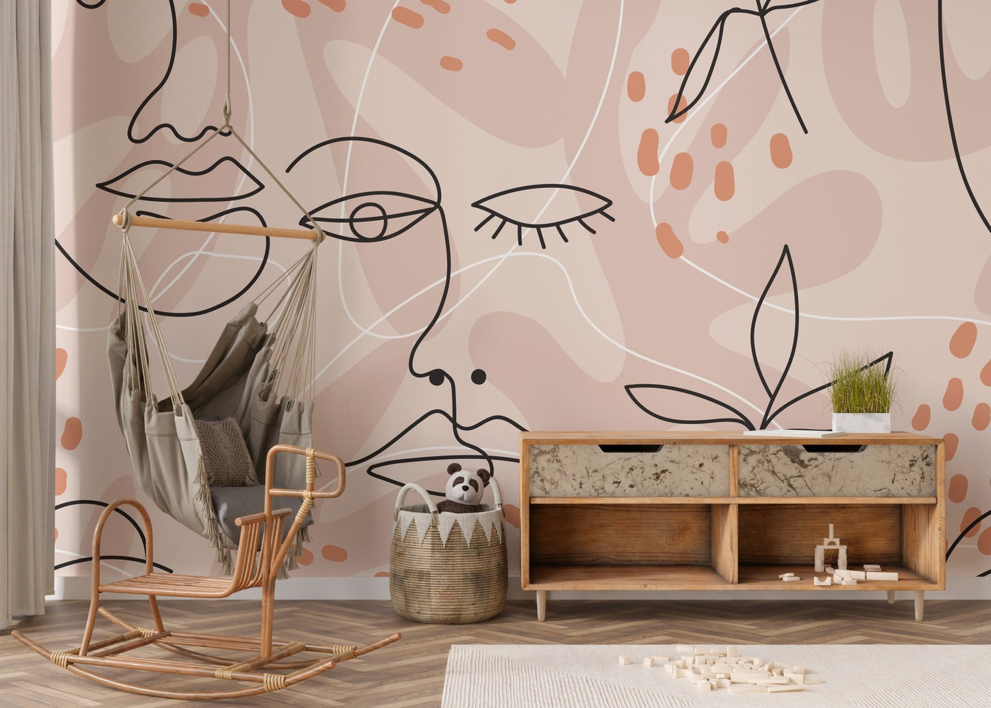 Pink wallpaper mural with human face line details A645