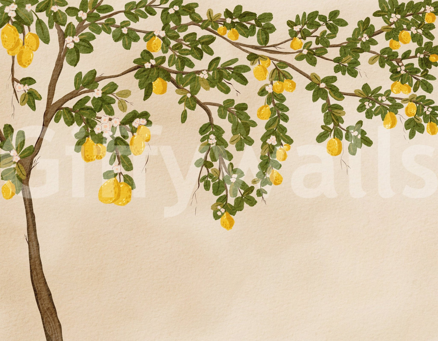 Soft blossom details frame Lemon Grove Bloom Wall Mural with citrus branch charm