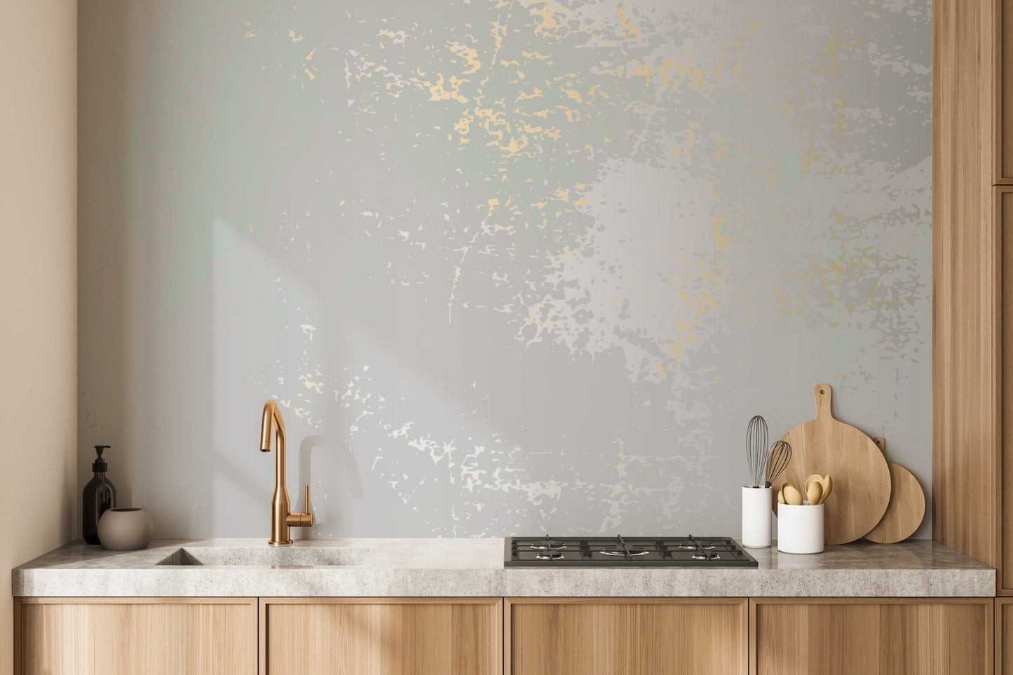 Neutral gray wallpaper with soft gold patina effect. A763