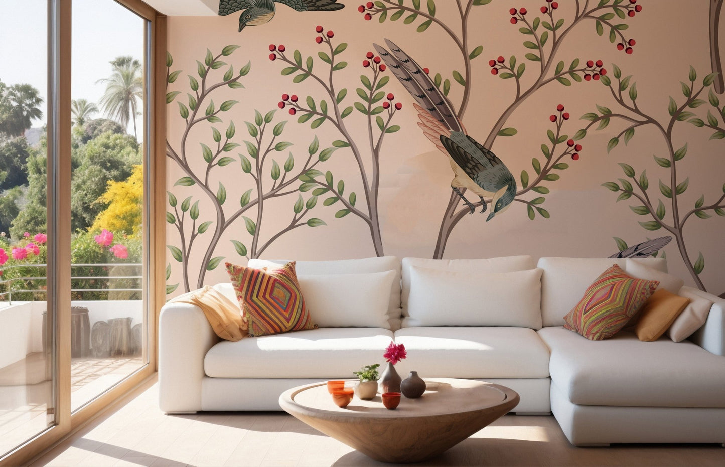 Pink wallpaper mural with bird and foliage A675