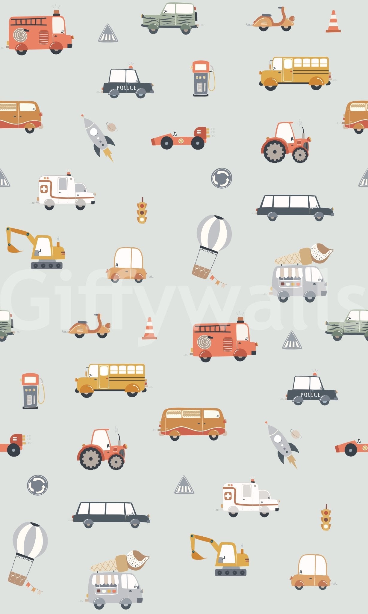 Vehicle themed wallpaper for nursery room