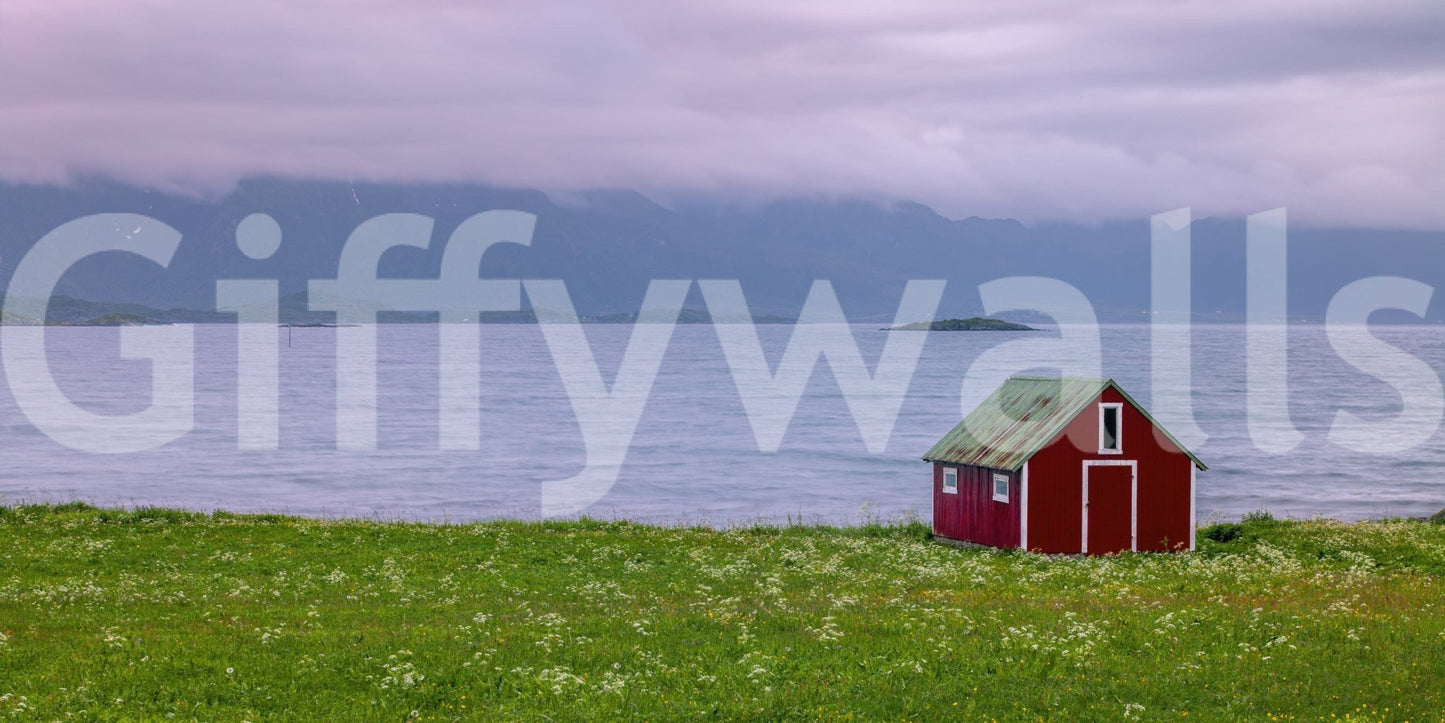 Red rorbu hut picture, Lofoten Coastal Escape accent wall art.