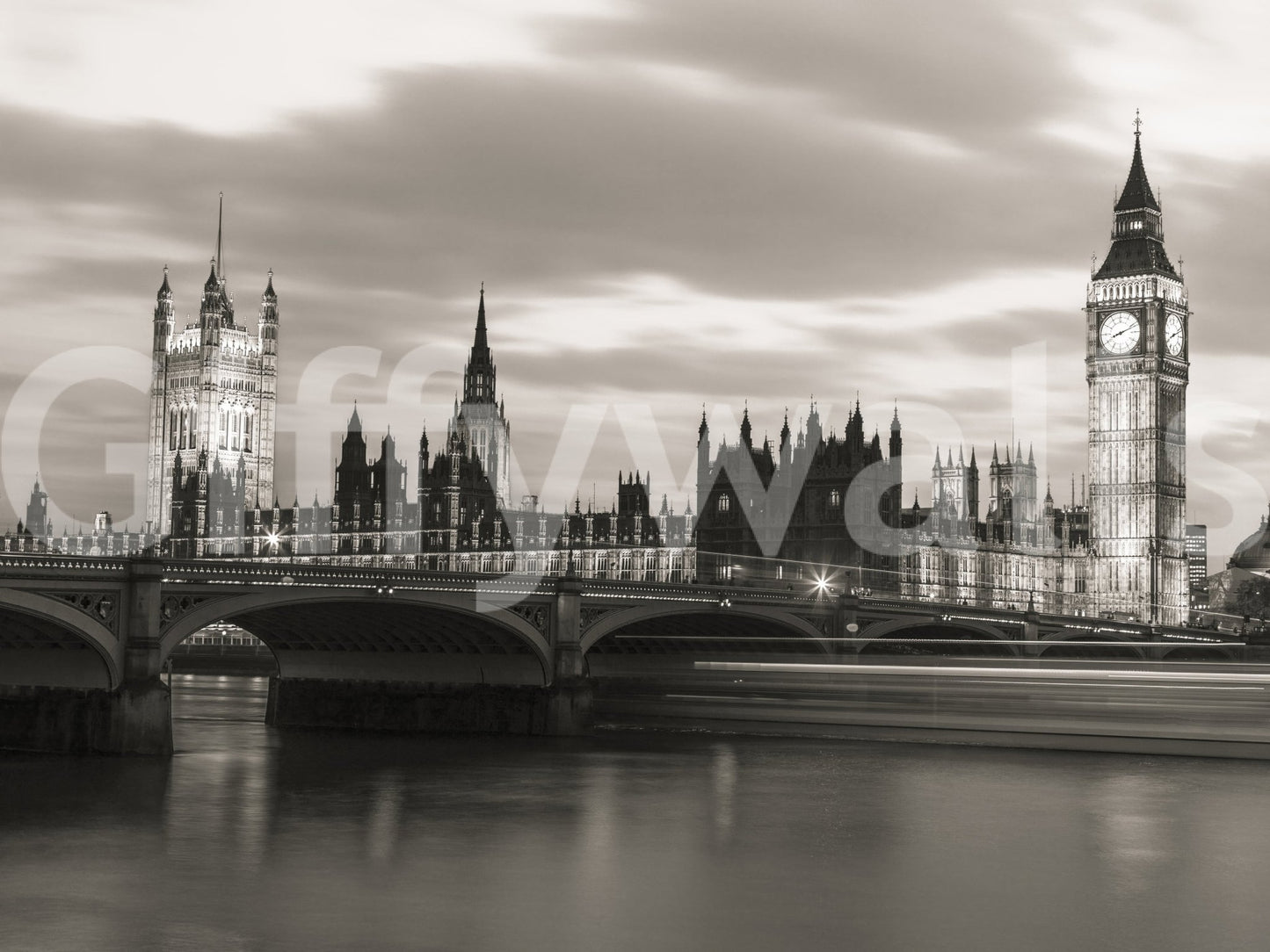 Monochrome cityscape in London’s Majesty Wall Mural with historic architecture
