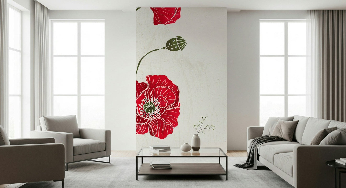 Lonely Red Poppy floral wallpaper for walls botanical print