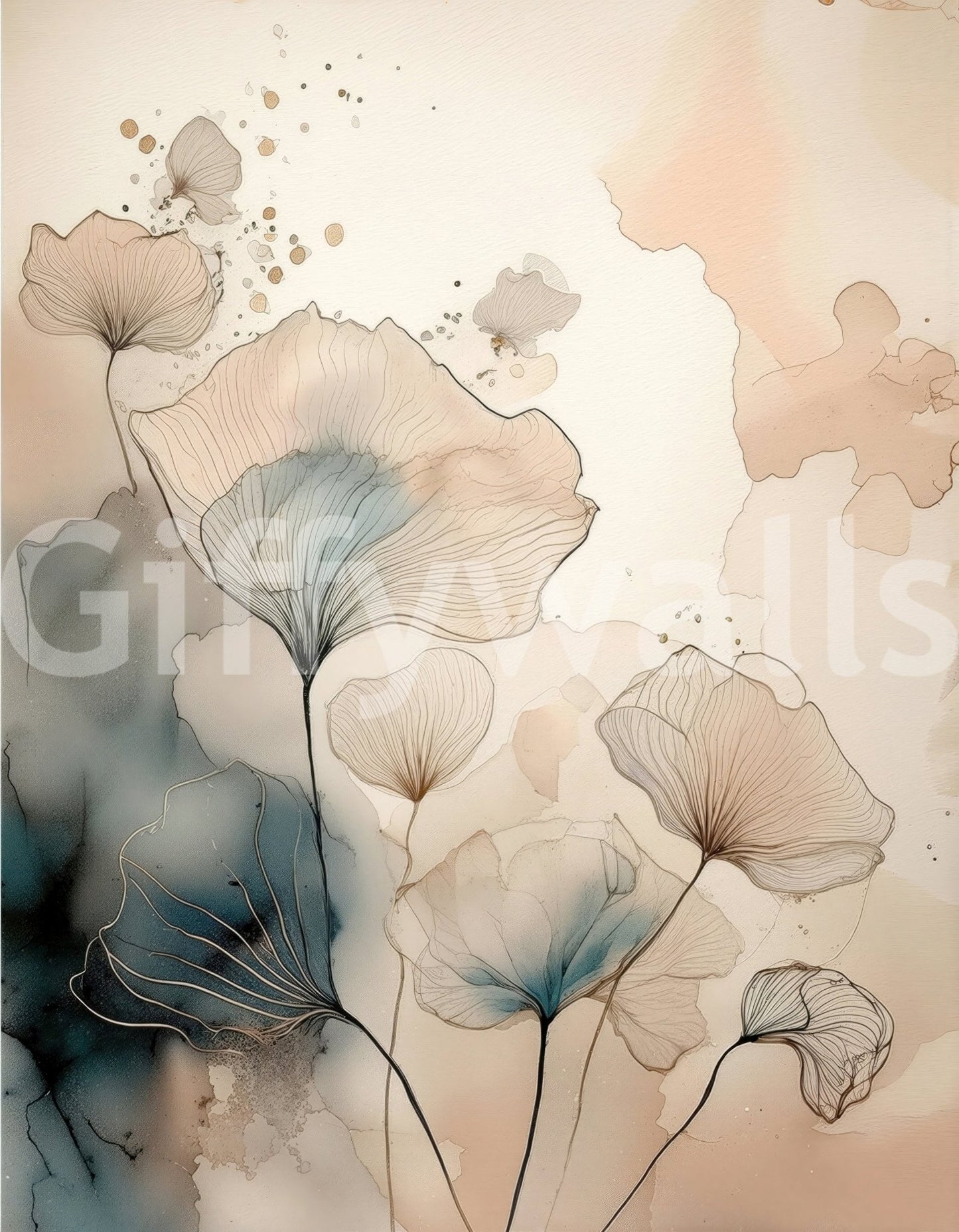 Linear illustration style of the Luminous Botanical Lines Wall Mural.