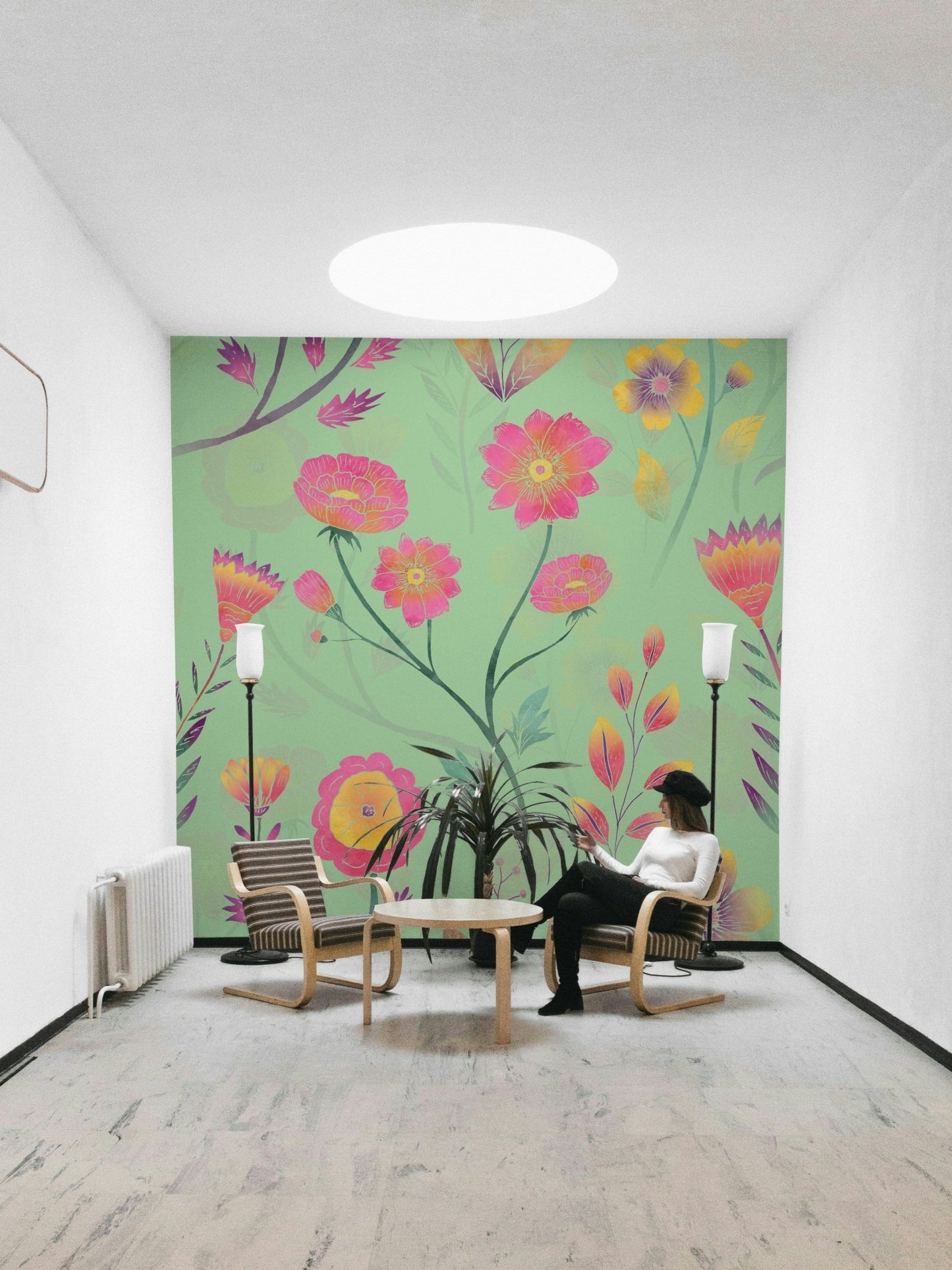 Teal floral mural wallpaper