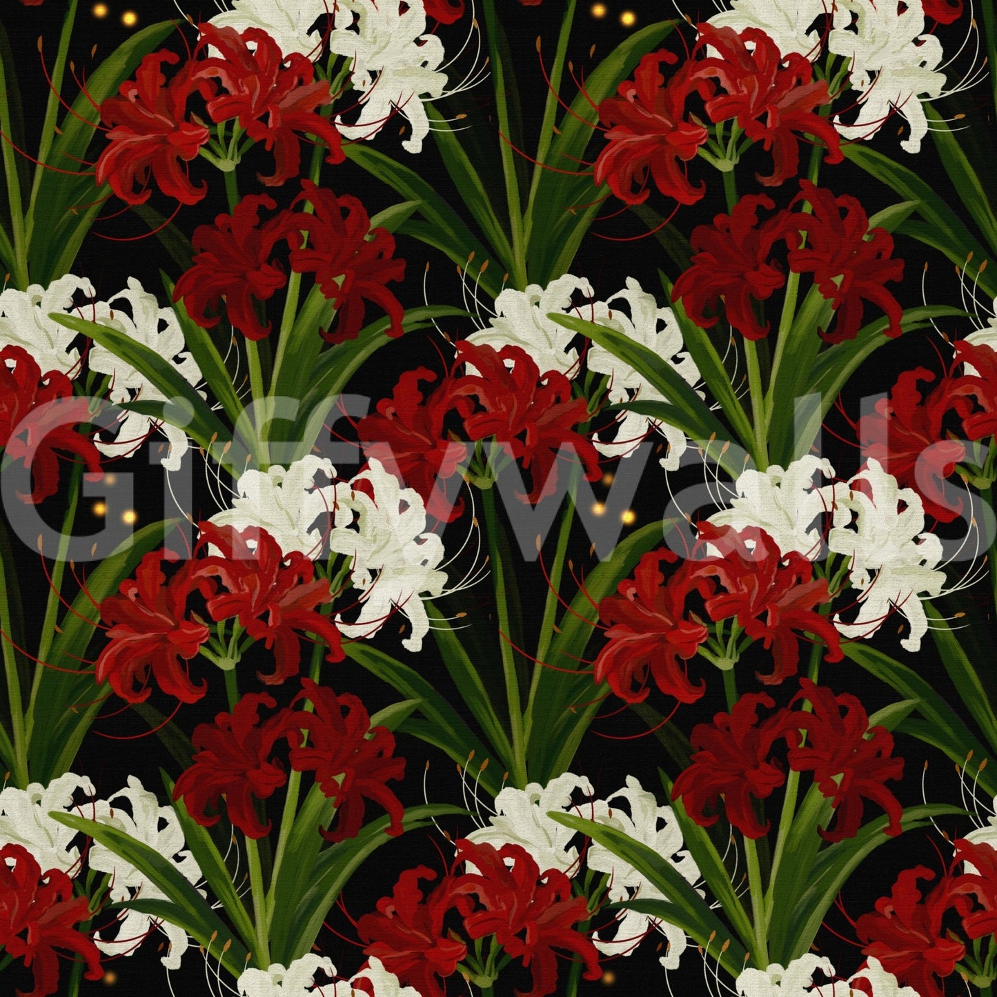 Dark floral wall covering with spider lily motif.