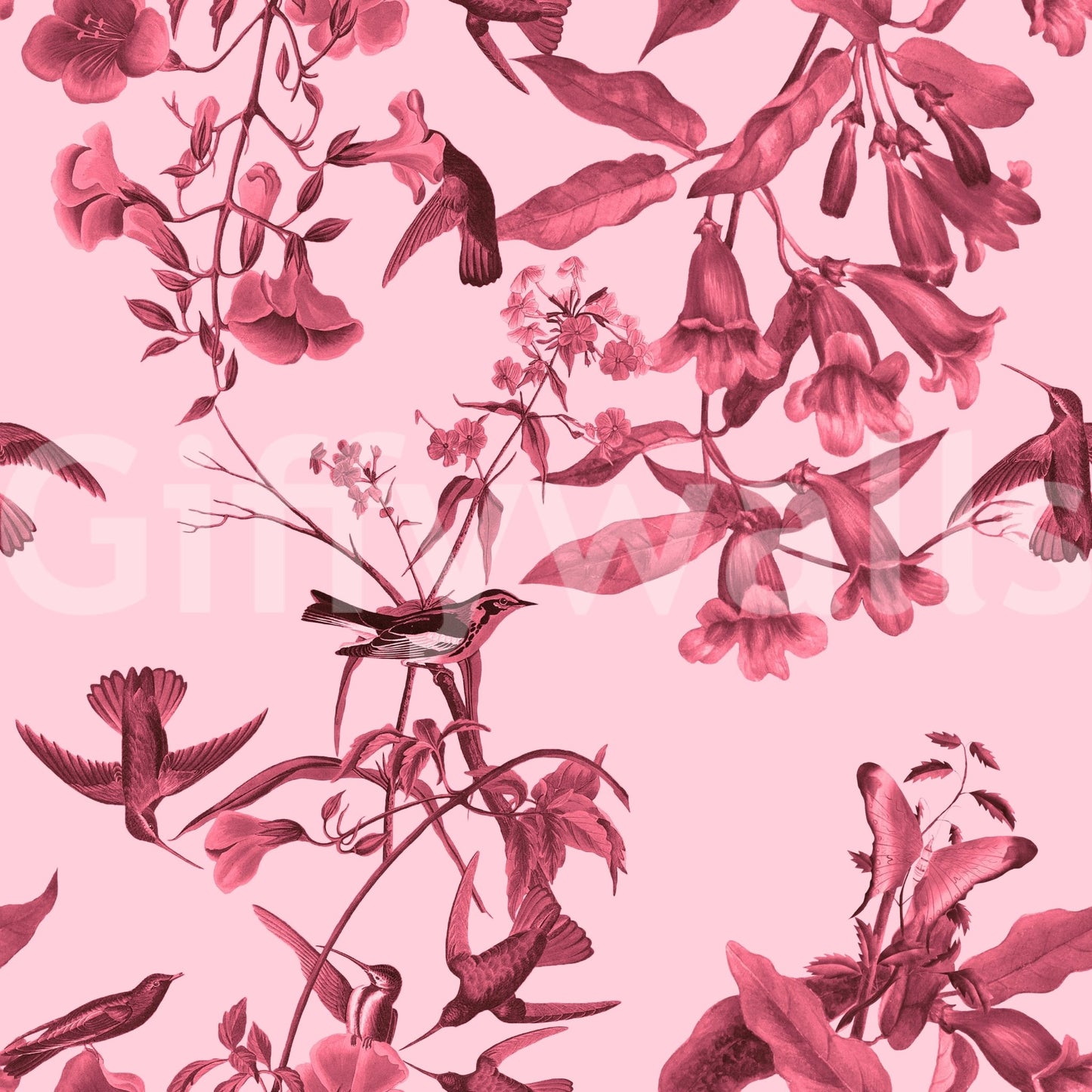 Flight wallpaper with Botanical stems and Magenta bird shapes