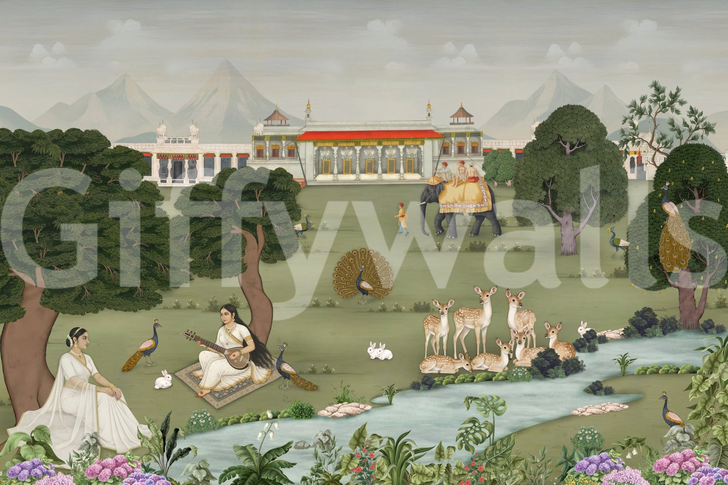 Wildlife wall mural featuring peacocks, deer, rabbits, and lush plants, GD8973