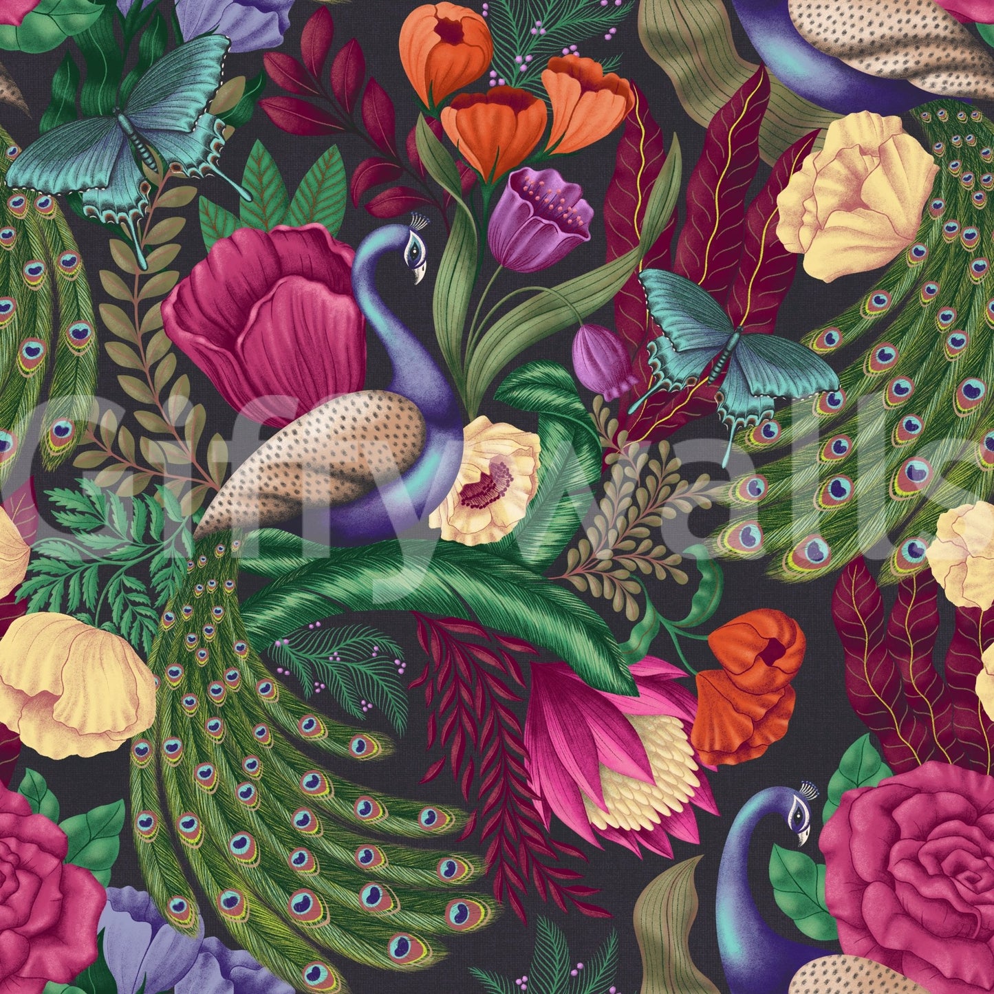 Maximalist Peacock Fantasy Garden Charcoal Black Wallpaper with peacocks and blooms