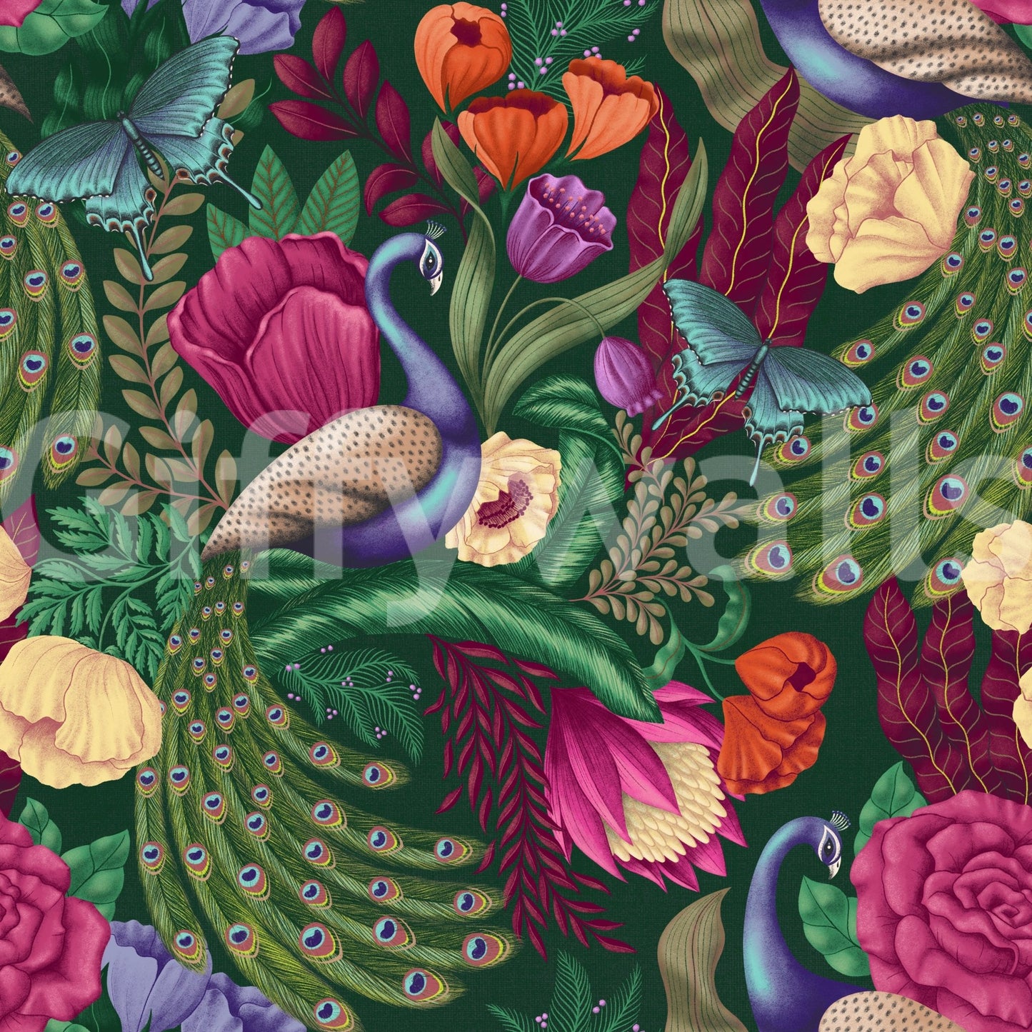Maximalist Peacock Fantasy Garden Dark Green Wallpaper with peacocks and bold blooms, GD8937