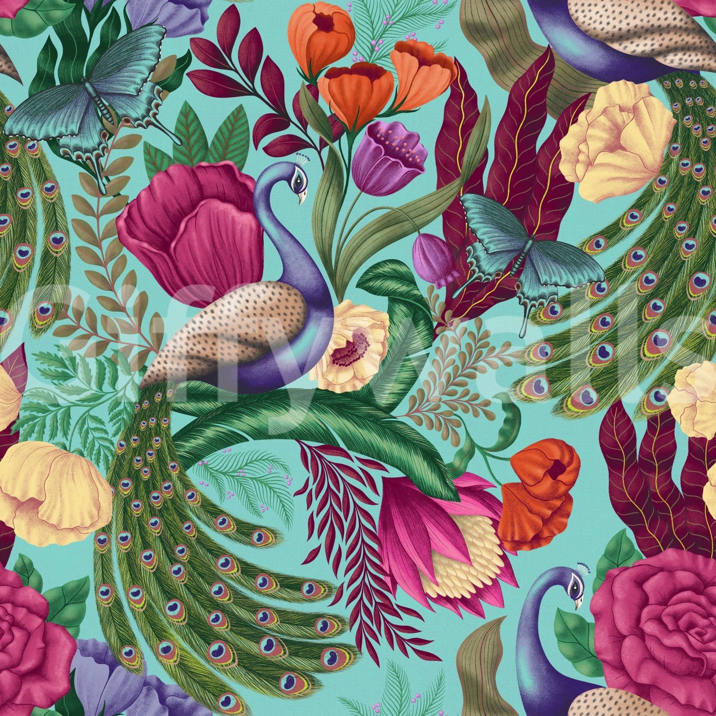 Turquoise peacock wallpaper filled with florals, butterflies, and sweeping feather detail