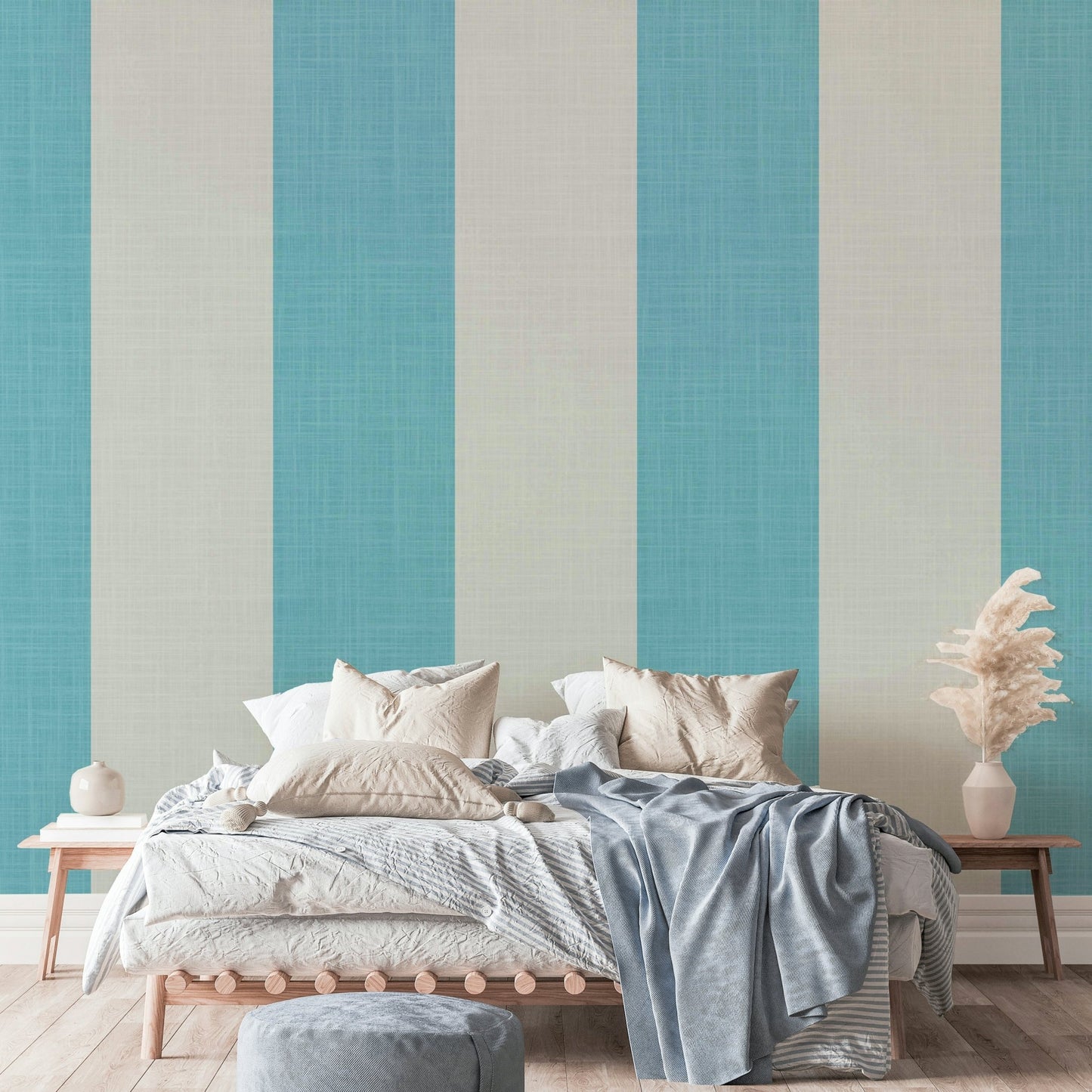 Living room accent with coastal striped wallpaper