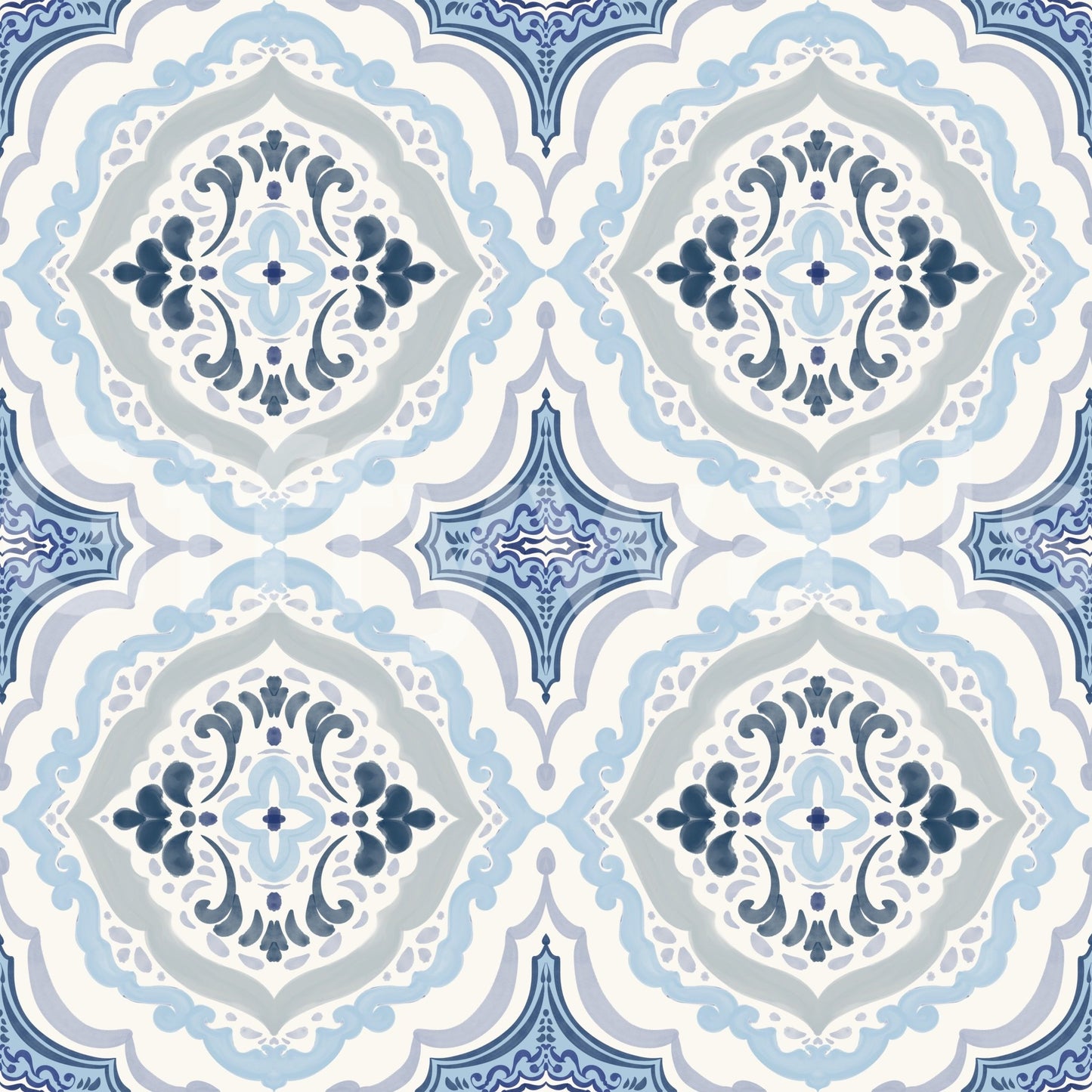Ornate symmetry and pale blue detailing define Mediterranean Indigo Fleur Tile Wallpaper