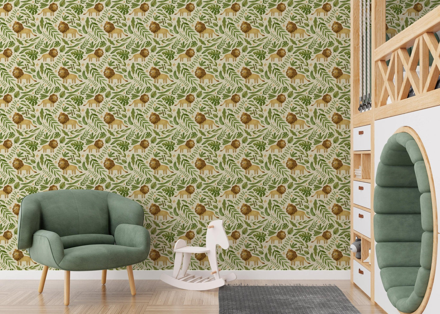 Lion and leaves wallpaper in watercolors