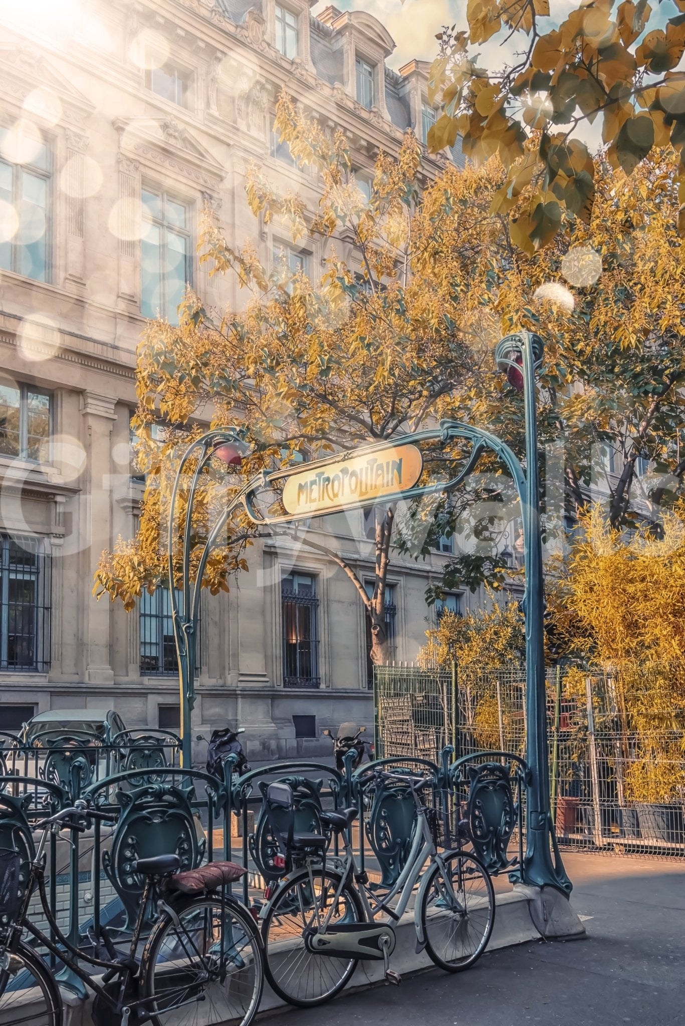 Romantic city wall mural with soft lighting and vintage European street elements