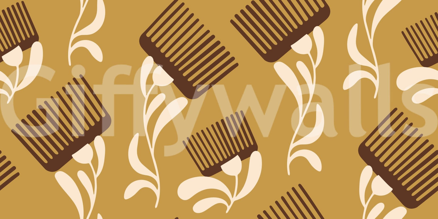 Ocher pattern wallpaper showing stylized wildflower lines and comb repeat, GD8727