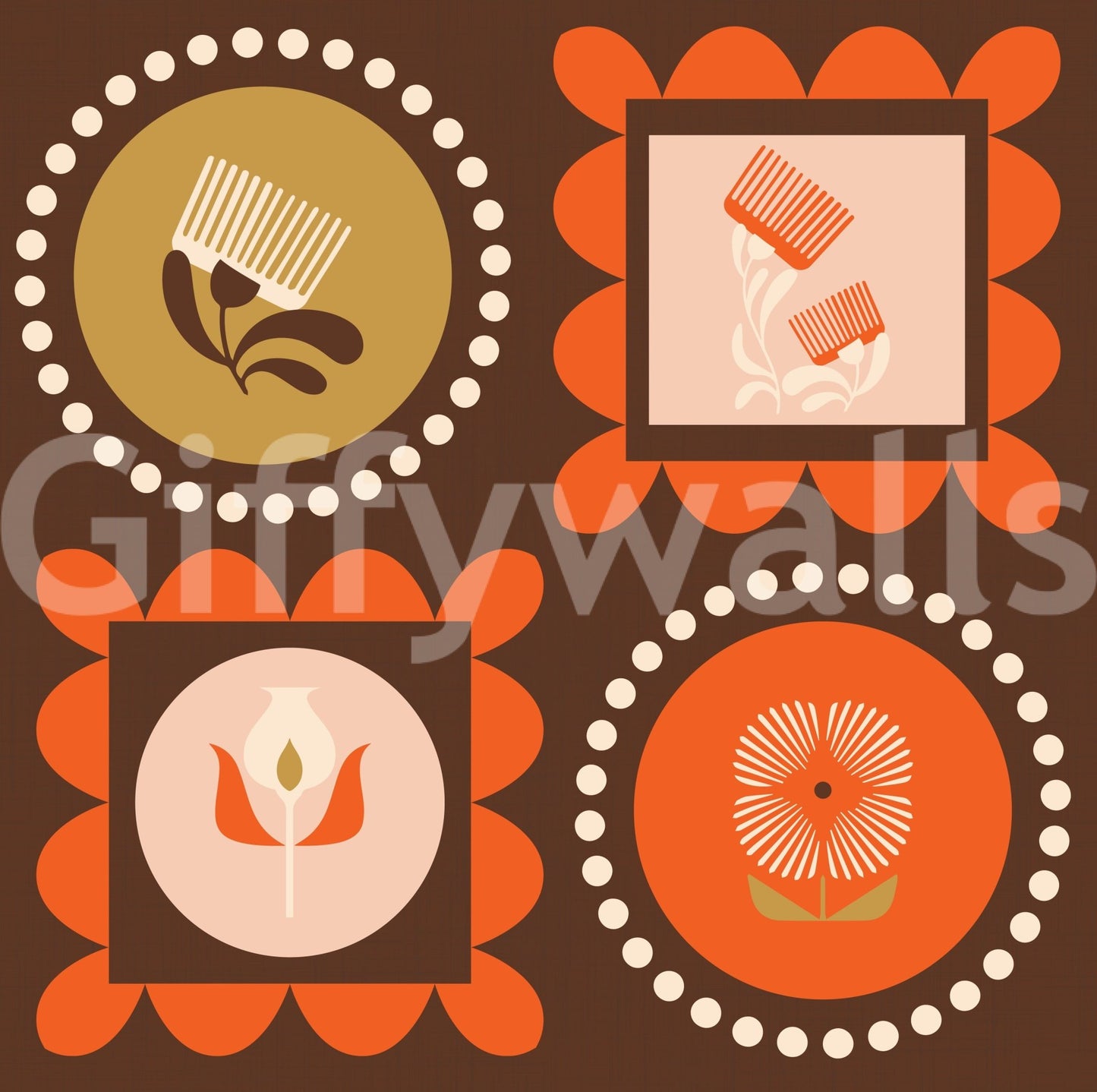 Mid Mod Wildflower Frames - Botanical Collage Chocolate Terracotta Wallpaper