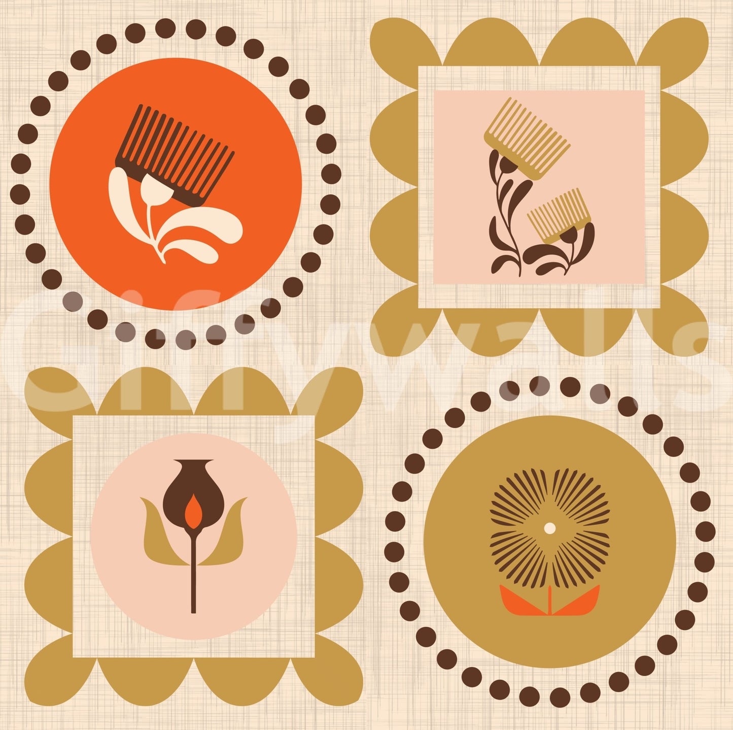 Terracotta Wallpaper with mid-century floral symbols and soft grid base