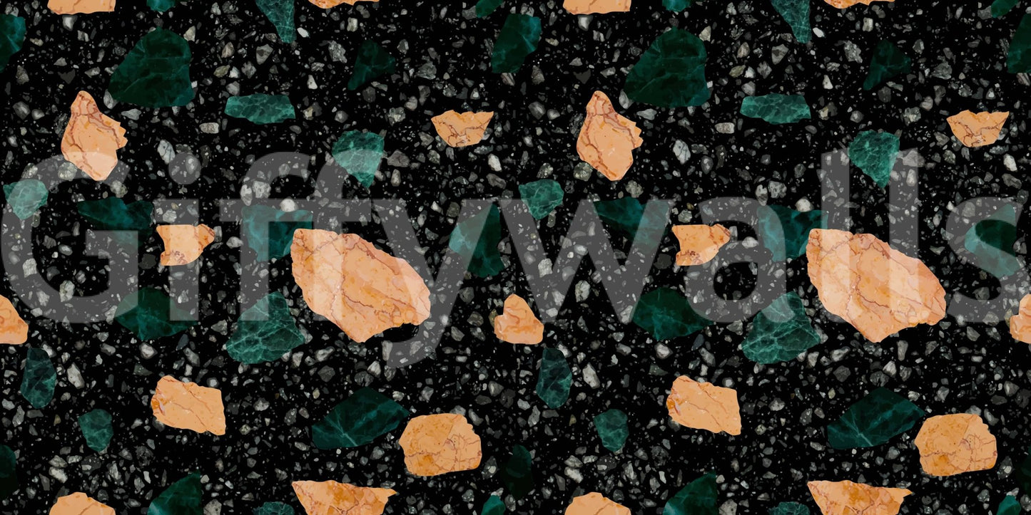 Rhythmic distribution of dark and light stone in Midnight Stone Terrazzo wallpaper art., GD6821