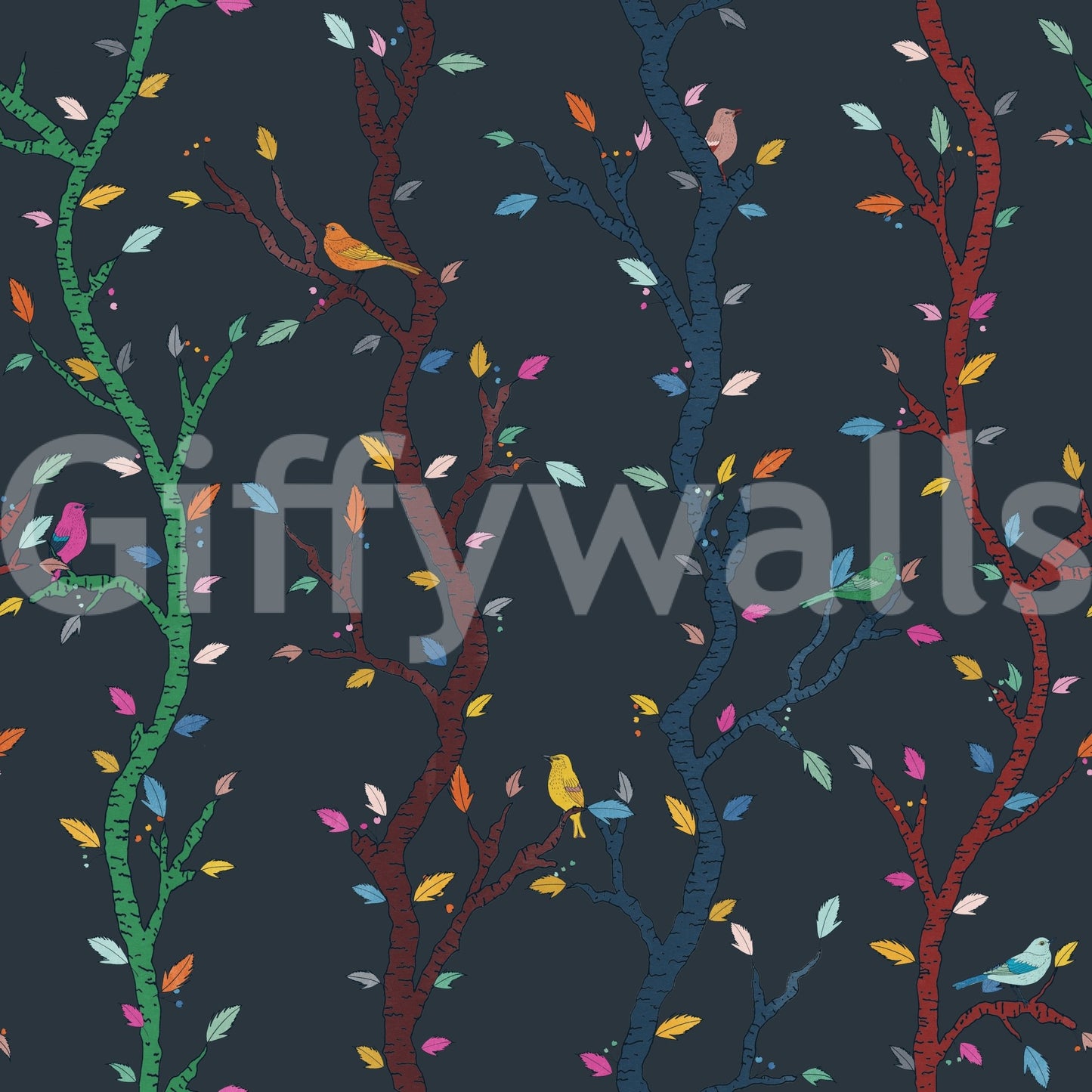 Vertical tree pattern seen on Midnight Woodland Branches with Birds wallpaper.GD9465