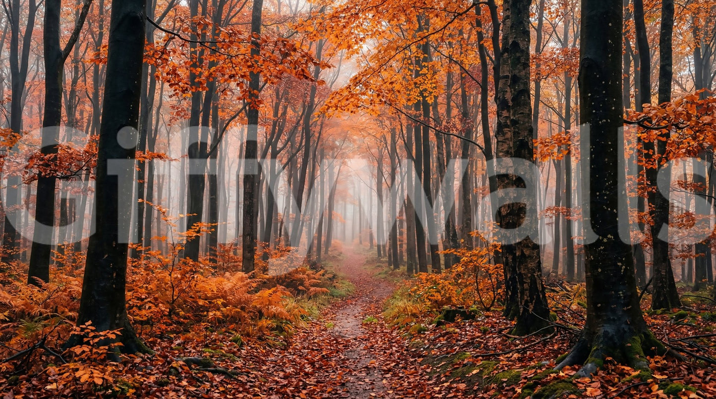 Layered trees and mist in Misty Forest Path wall mural art, GD9326