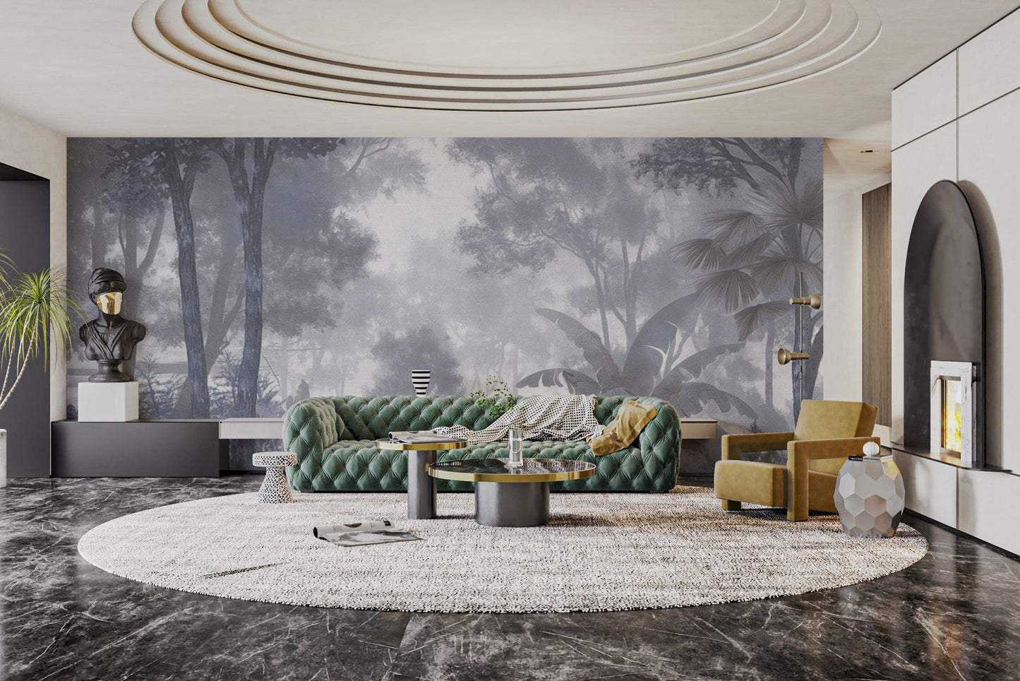 Peaceful blue tropical forest mural