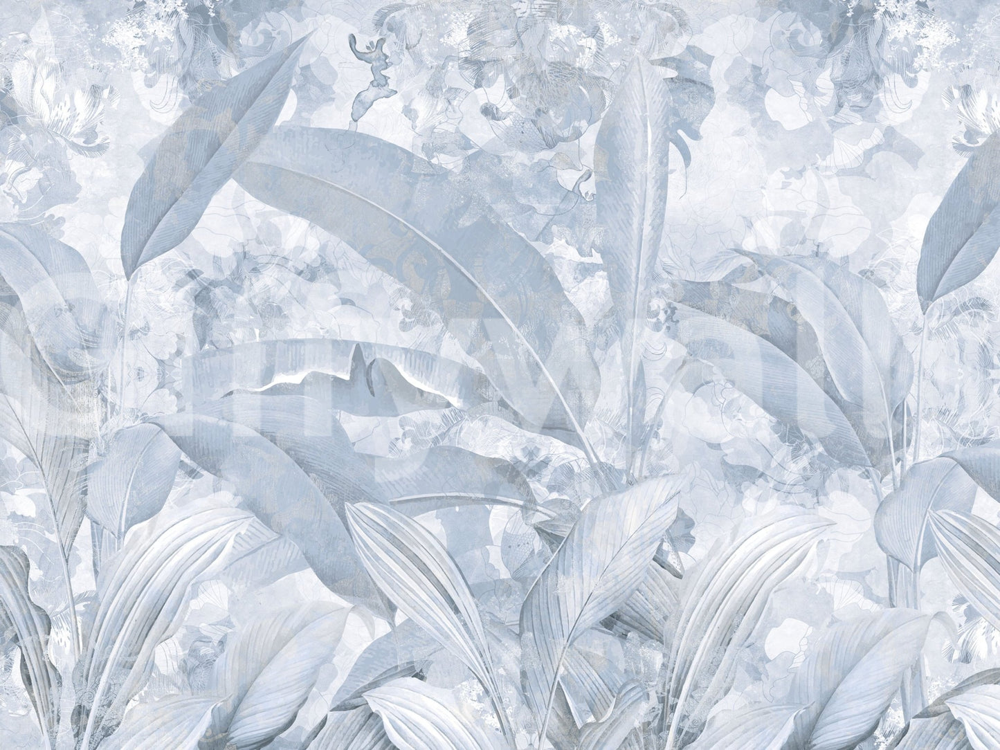 Airy palm fronds spread across the Misty Blue Tropical Palm wall mural