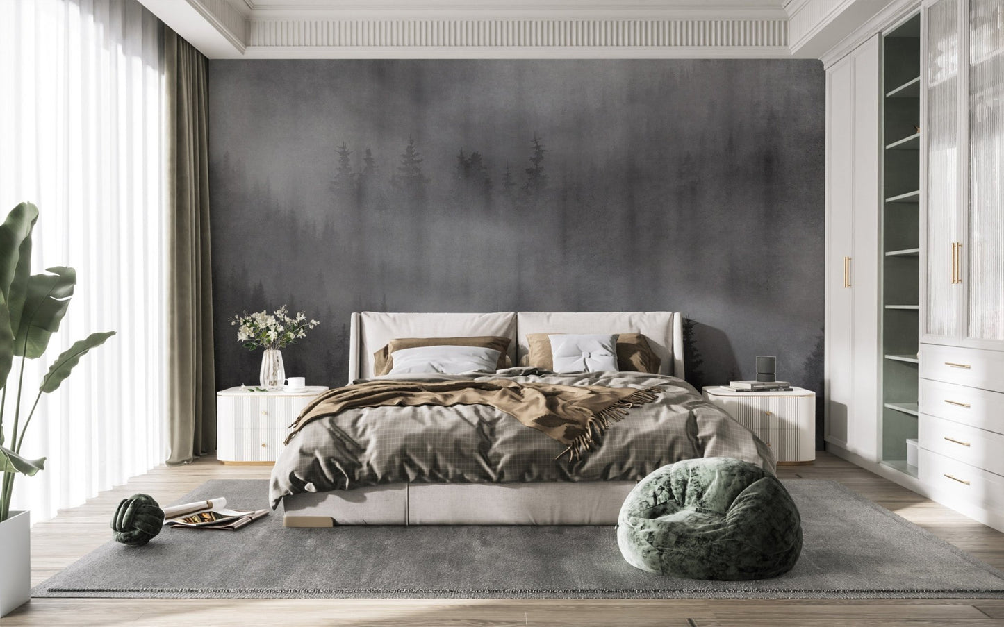 Dramatic misty forest wall covering D302