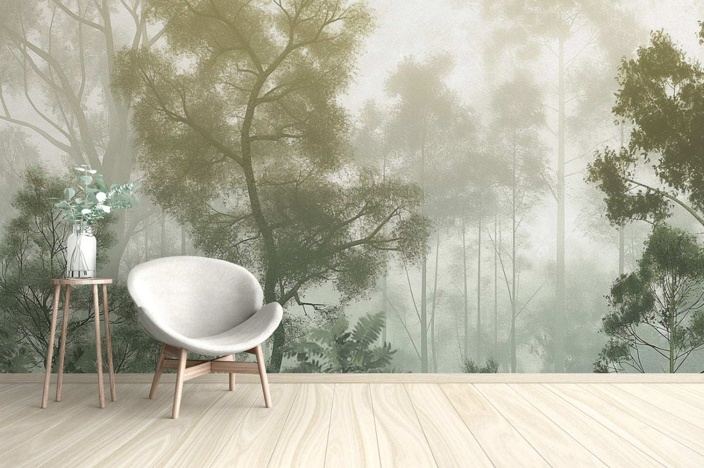 Calming green forest tree wallpaper look