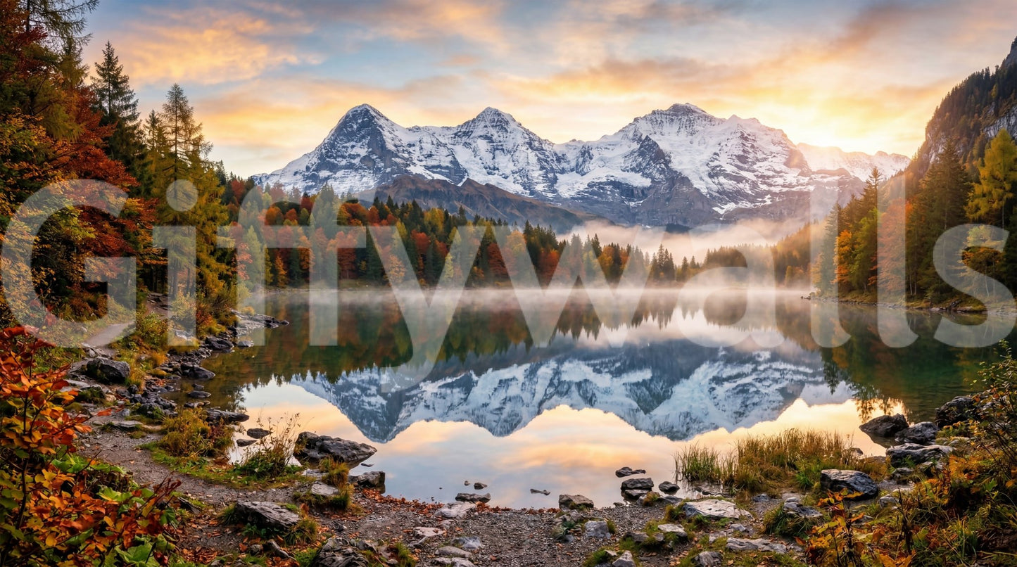Misty Peaks Autumn Reflections mural with rich seasonal landscape detail, GD9306