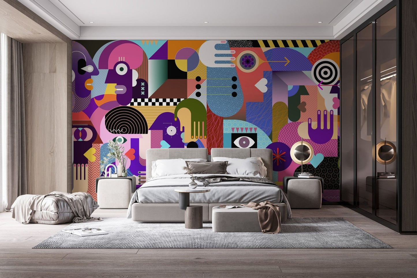 Unique abstract faces wallpaper mural for statement interiors., B312