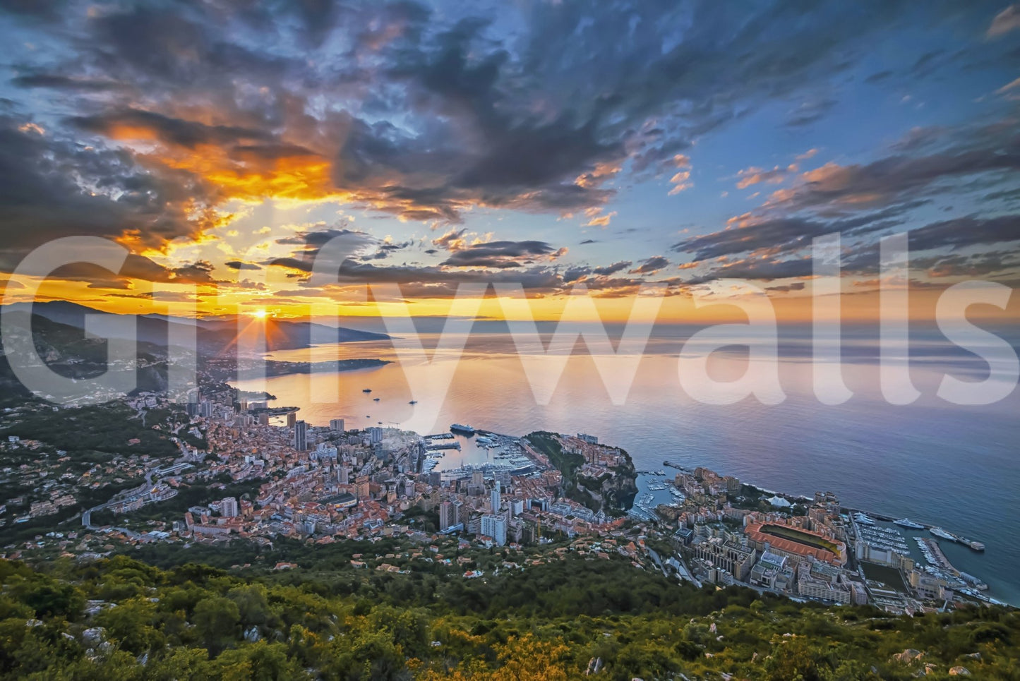 Monaco at Dawn urban coastline peel and stick wallpaper., GD7453