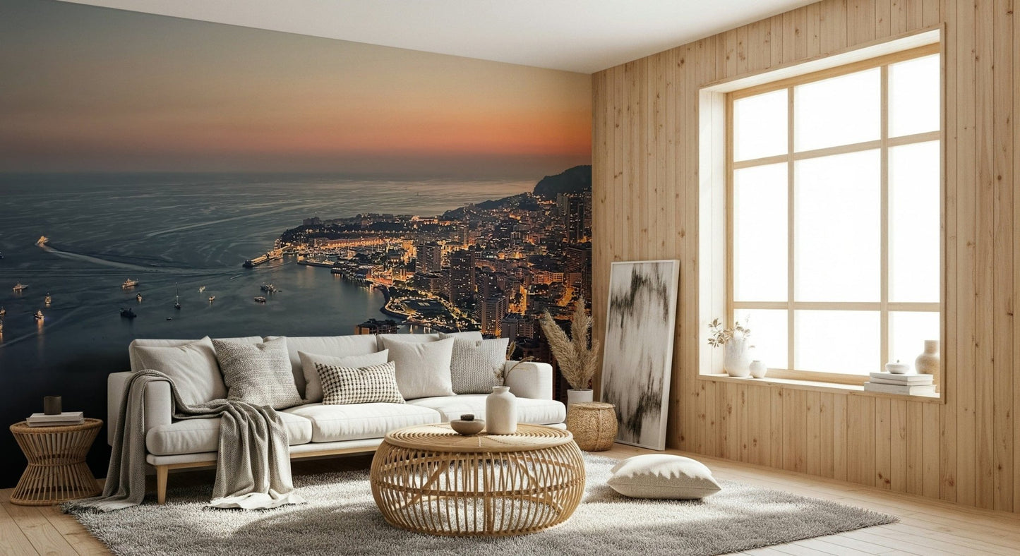 Monaco Nights wallpaper for walls showing twilight harbor view.