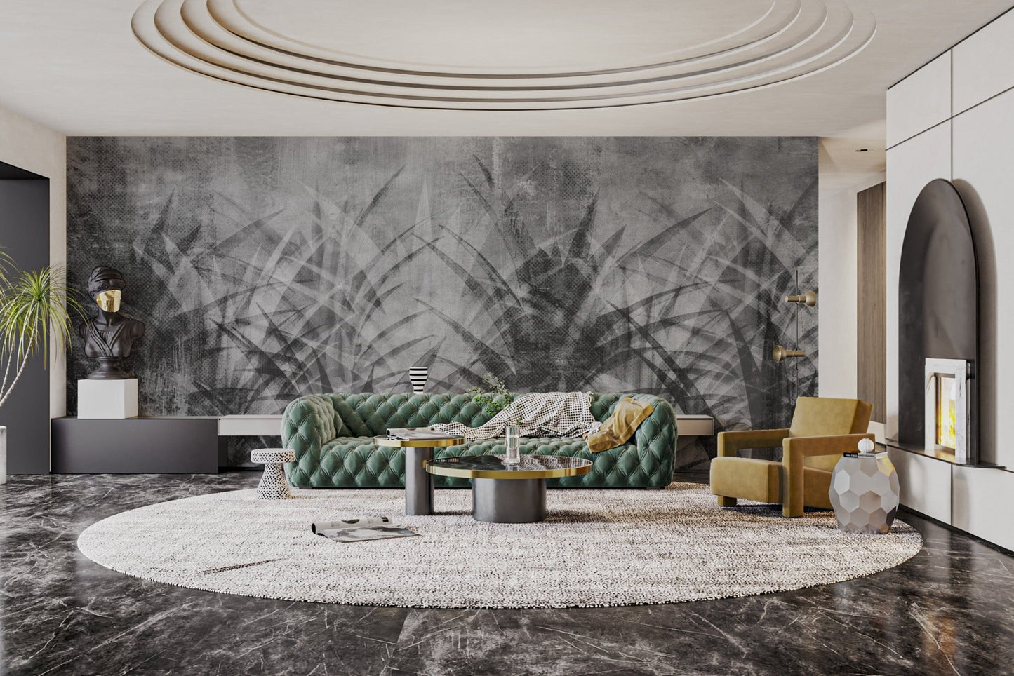 Tropical foliage wallpaper in grayscale