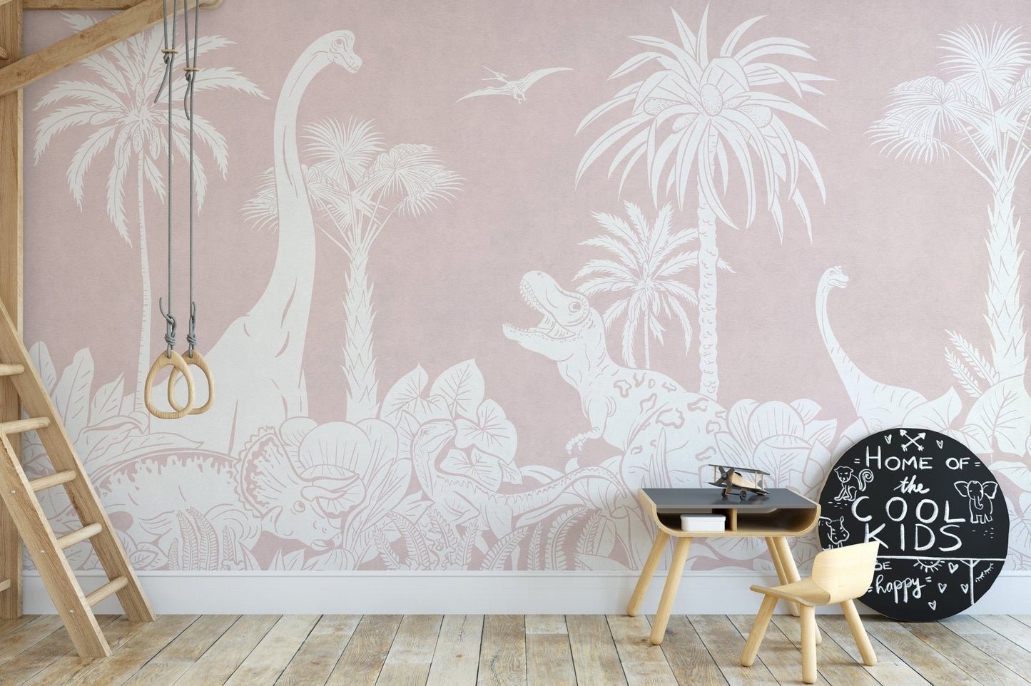 Monochrome dinosaur scene with pink and white tones.