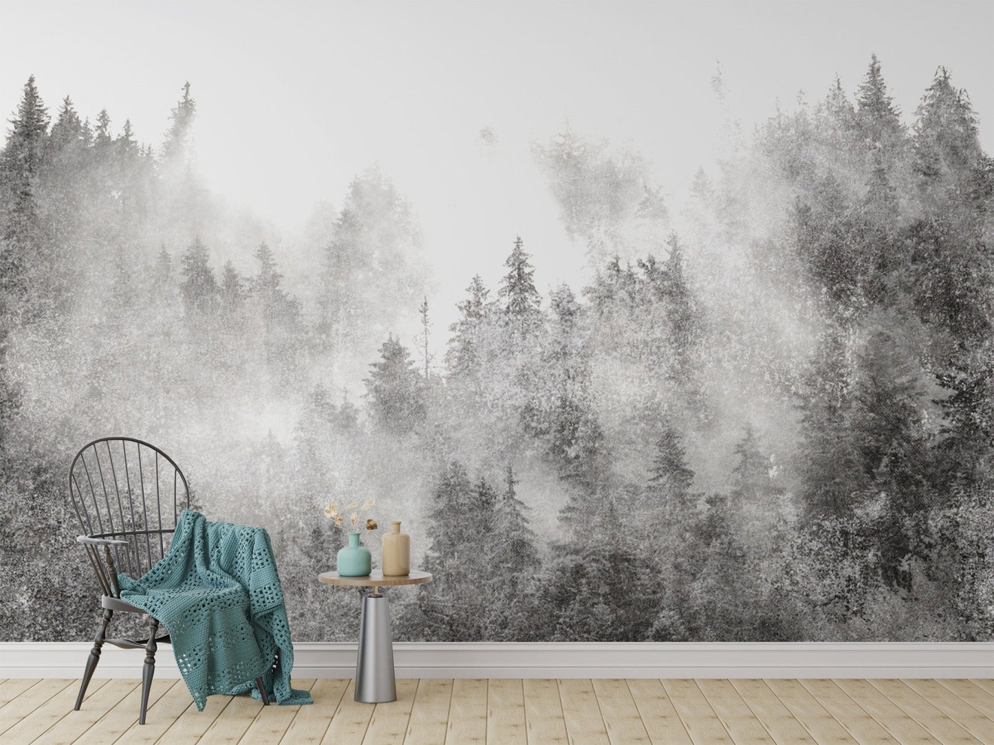 Soft grey pine forest wall design