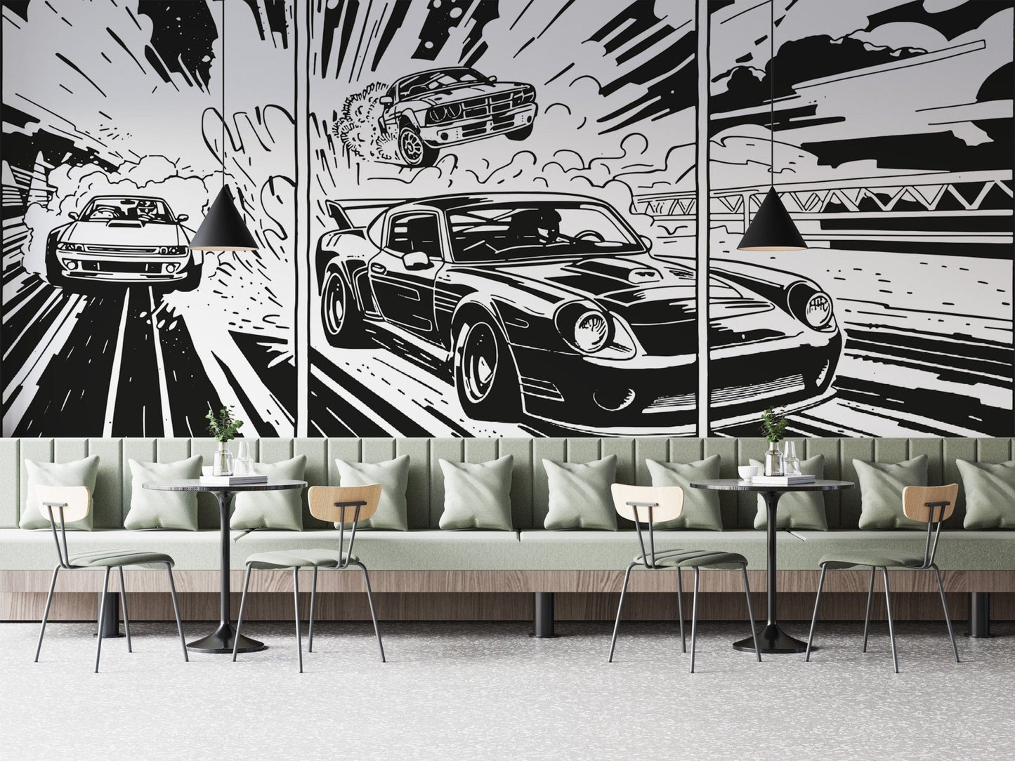 Dramatic Black and White Muscle Car Wall Mural