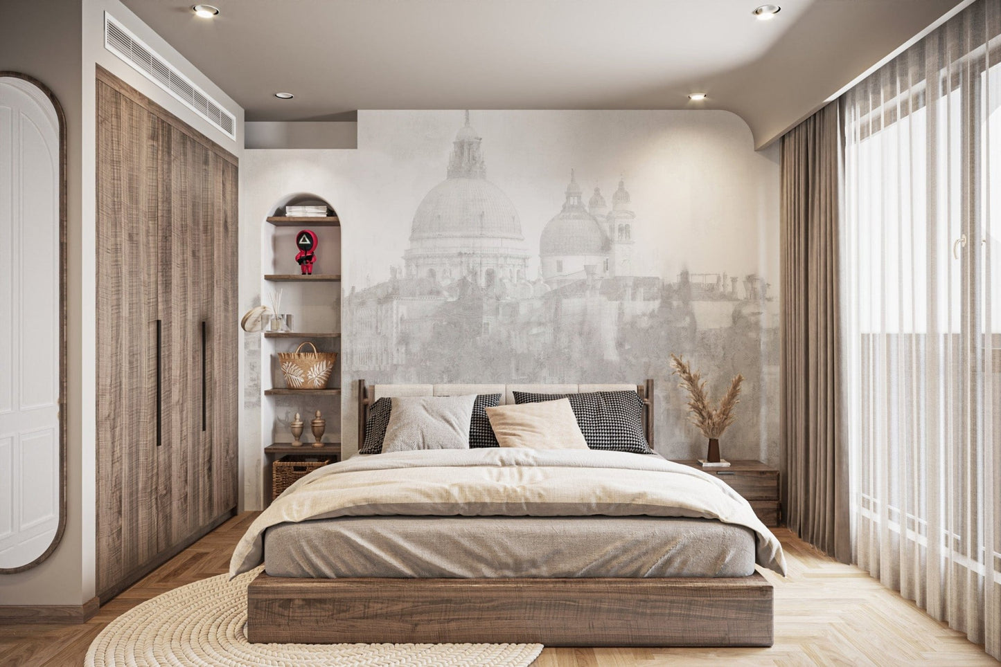 Watercolor Venice city mural in grayscale