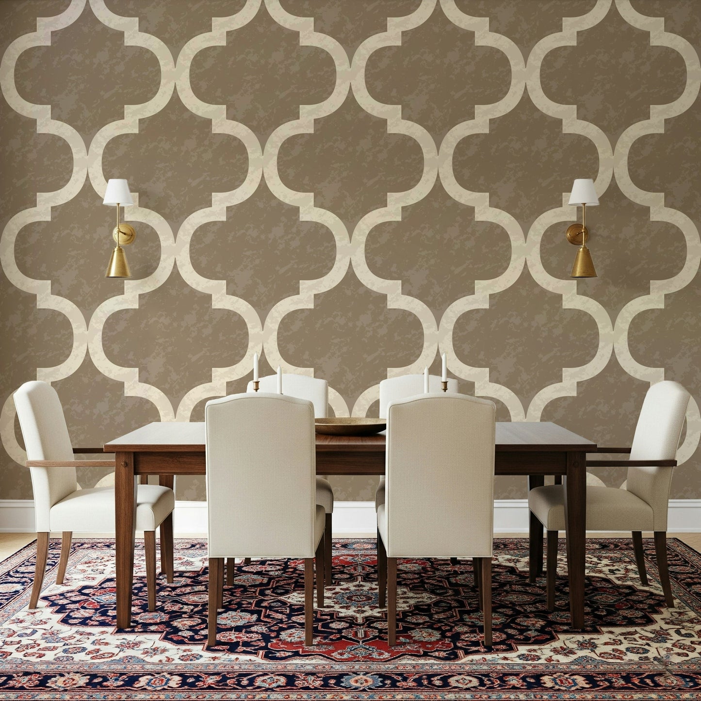 Burnished brass wallpaper with a Moroccan ogee pattern in a repeating lattice design.