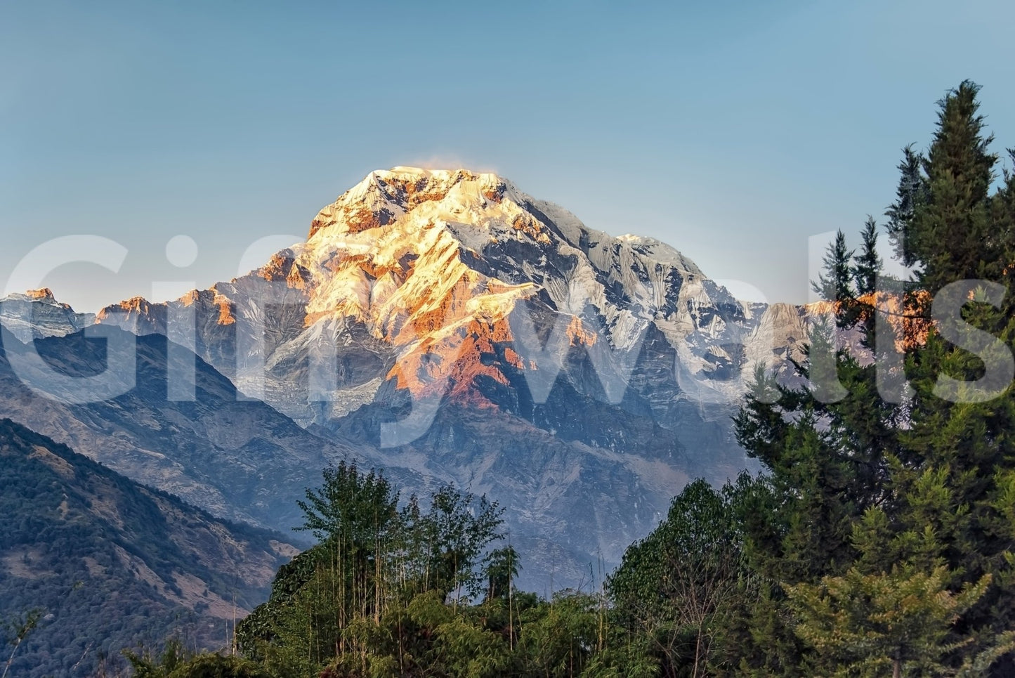 Serene dawn mountain wall mural for yoga or wellness space.