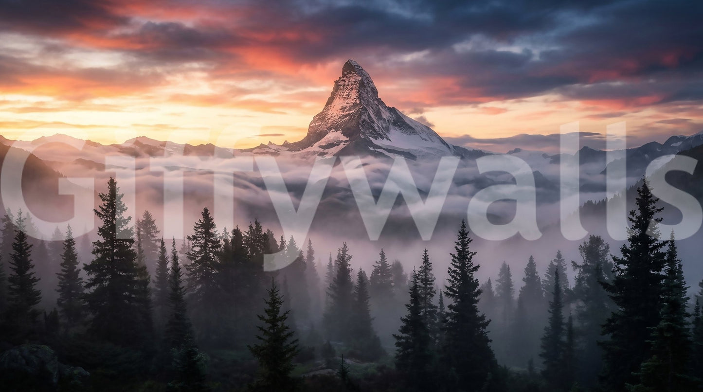 Evergreen tree pattern of the Mountain Majesty at Sunset wall mural.GD9461