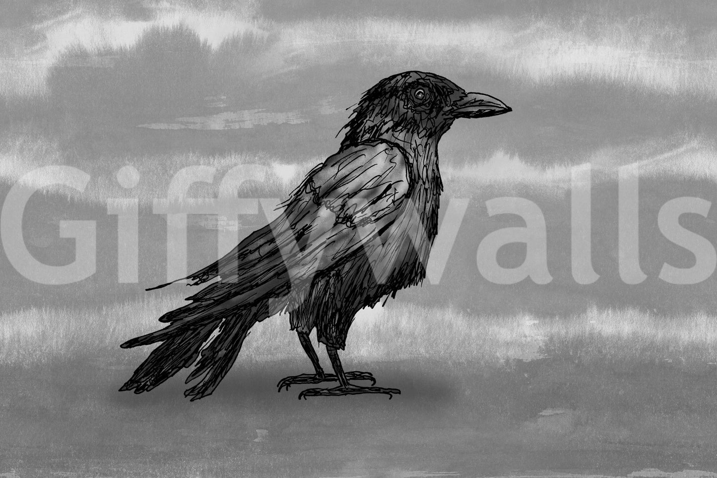 Corner light emphasizing the stark Mr Crow graphic print.