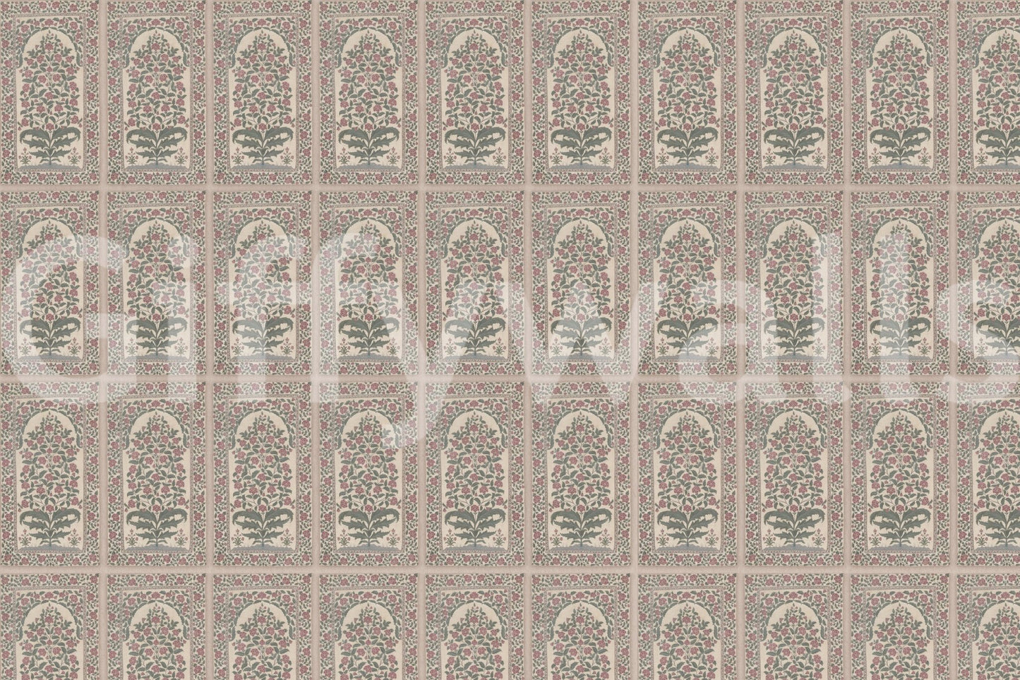 Mughal Bloom Arches wall mural with repeating floral niches in soft blush and sage