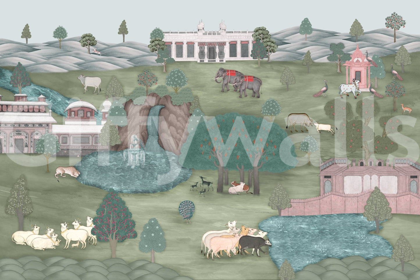 Heritage-rich Mughal Garden & Wildlife Vista Wall Mural in a scenic garden setting