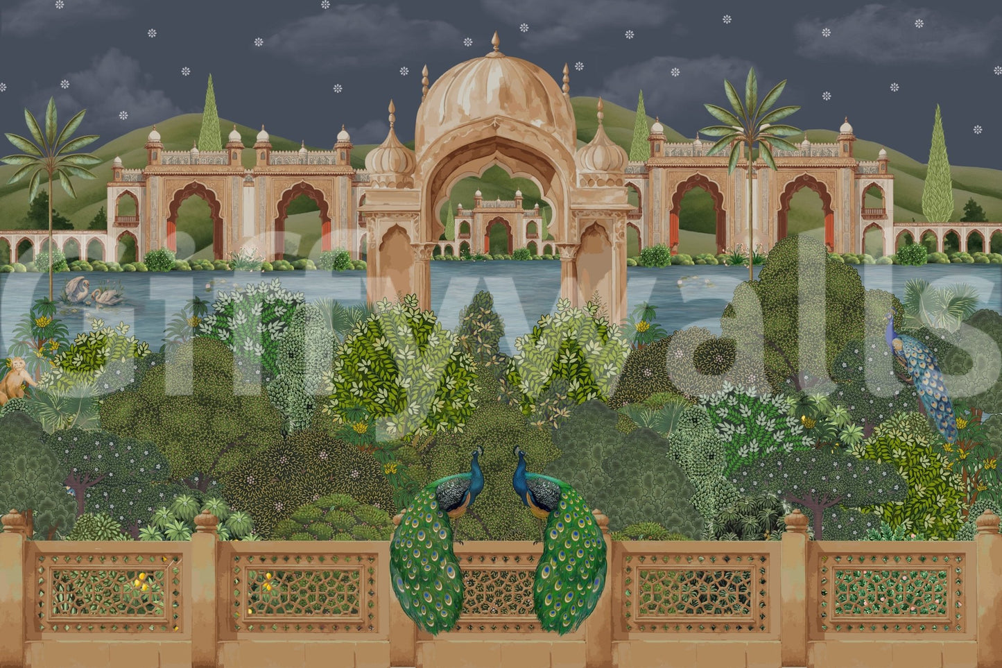 Mughal-era architectural wall mural in moonlight with intricate ornamentation