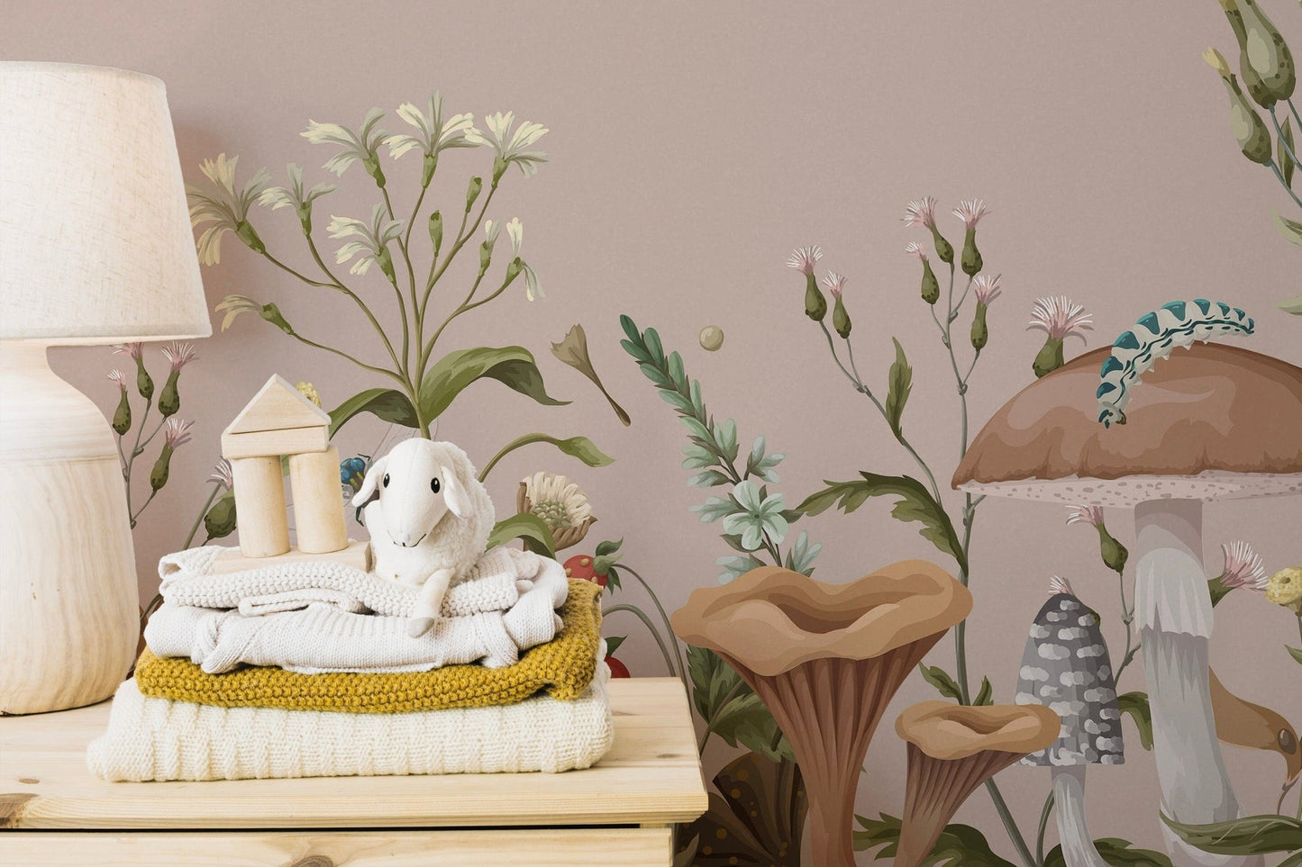 Add playful charm to your nursery with Mushroom Garden Wallpaper Mural C469