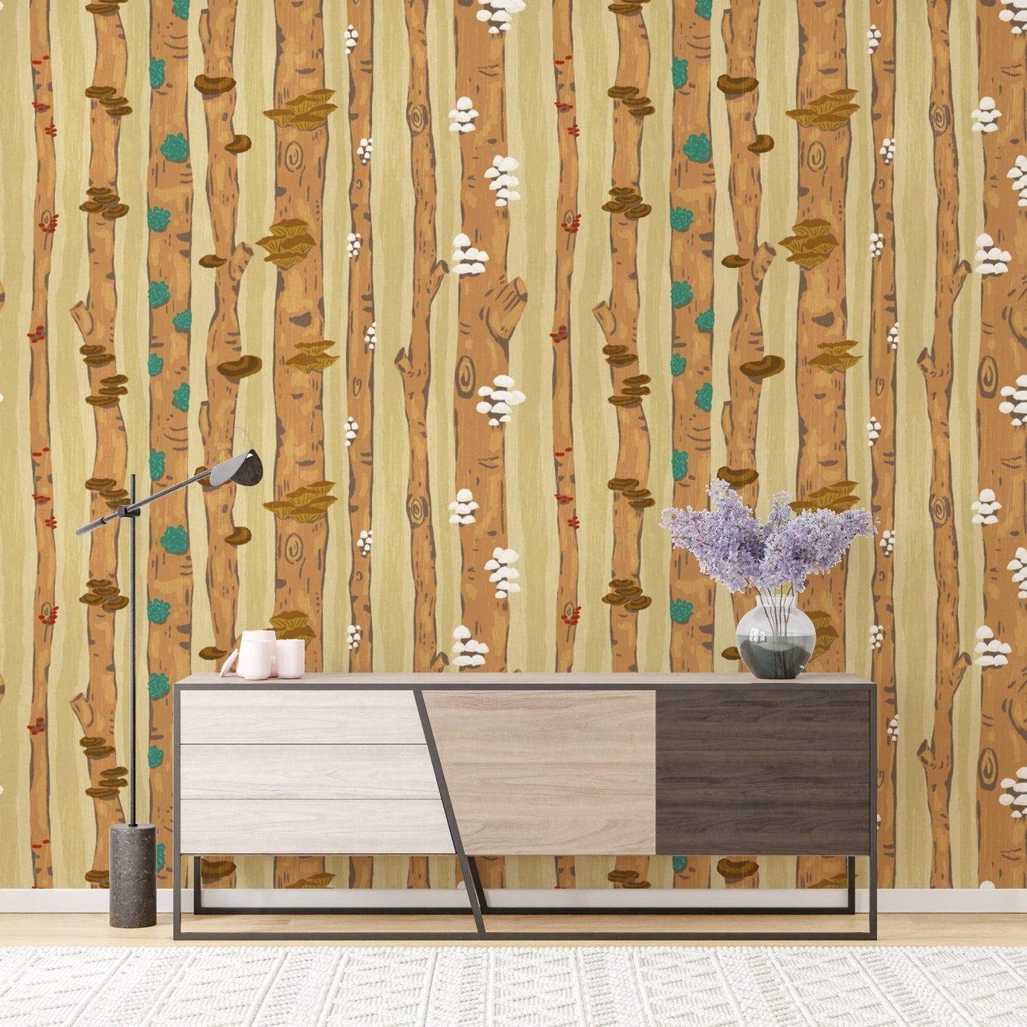 Nature-inspired mushroom tree trunk wallpaper for serene decor.